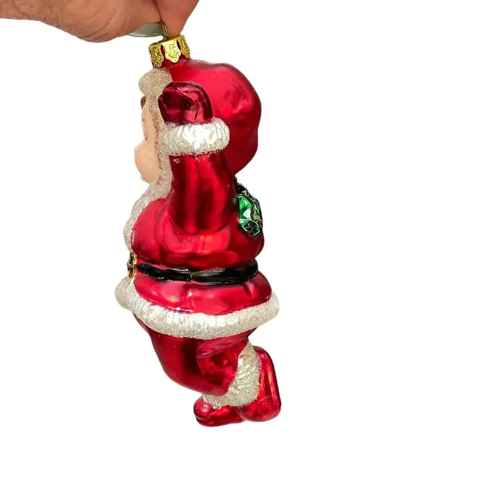 Jump For Joy Mercury Glass Christmas Ornament Child in Santa Suit Vtg Brass Key